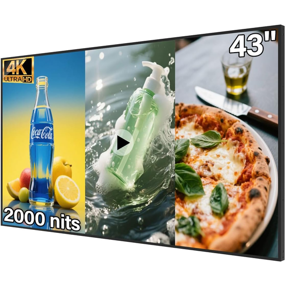 43inch Wall Mount Digital Signage, 4K 2000nits High Brightness Advertising Display, Slim Fit Frameless Digital Kiosk, CMS/Plug & Play Auto Play, 7/24 Timer Switch, Smart Split Screen Play
