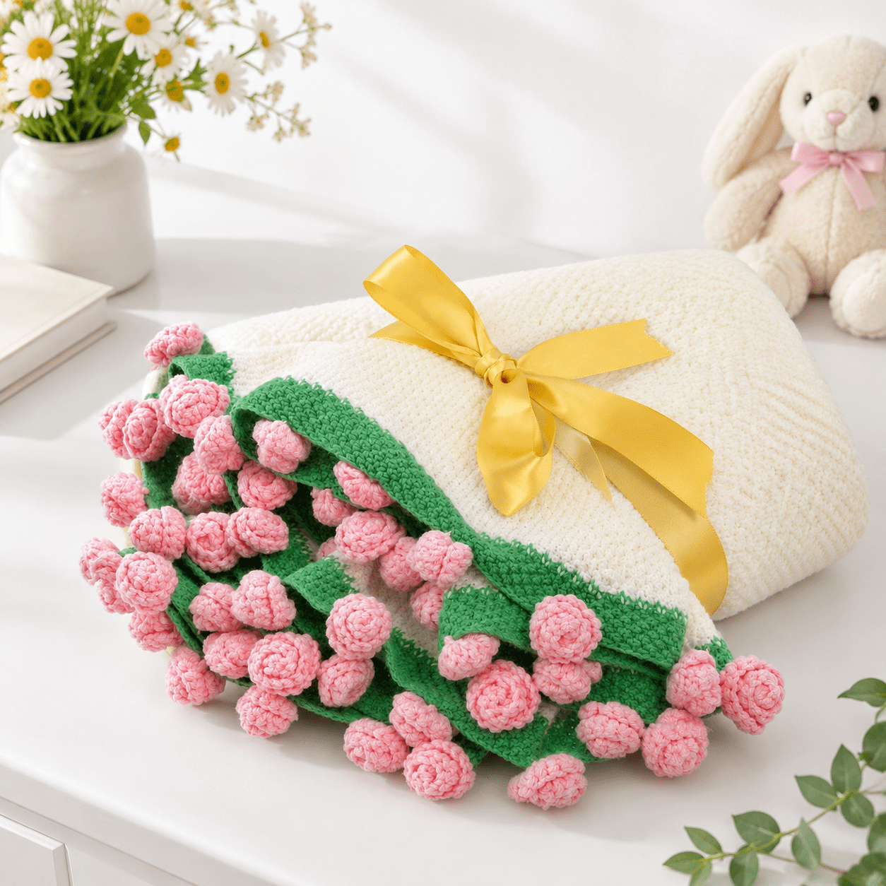 Plush Roses Throw 43inches Pink Rose Crochet Flowers Bouquet Throw Blanket, Handmade ...