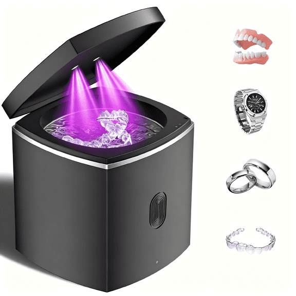43kHz Ultrasonic Cleaner Machine Black, Multi-Purpose Sonic Cleaning Device for Dentures, Retainers, Mouth Guards, Dental Tools, Jewelry, Rings, Bracelets & Toothbrush Heads