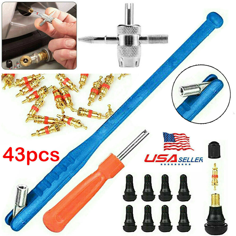 Kit Réparation Valves De Pneus 43 Pièces - 10 Valves TR412 + 30 Noyaux + Outils - Pour Vélo, Moto, Voiture, VTT