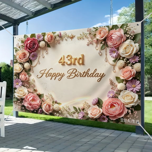 43rd Birthday Banner Decorations for Women Pink Roses Floral Happy 43rd Birthday Banner Backdrop Sign for 43 Years Old Anniversary Party Home Wall Outdoor Indoor Photo Booth Background Supplies