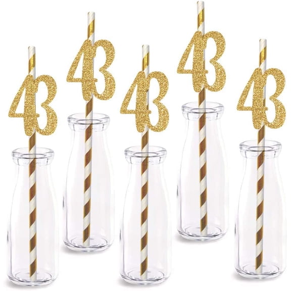 43rd Birthday Paper Straw Decor, 12pcs Real Gold Glitter Cut-Out Numbers Happy 43 Years Party Decorative Straws