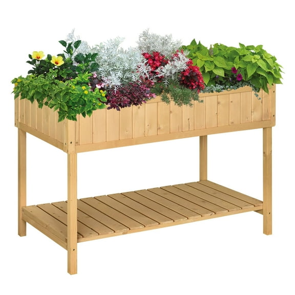 43x18x30in Raised Garden Bed with 8 Pockets and Shelf, Wooden Elevated Planter Box with Legs to Grow , Vegetables, and Flowers, Natural