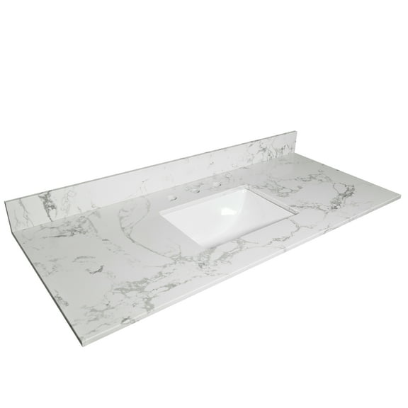 43x22 Bathroom Vanity Top In White Marble Color - Engineered Stone, Ceramic Sink And Backsplash For Remodeling With Pomp Unit