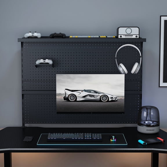 43x35 Inch Clamp-On Desk Pegboard with Single Monitor Stand for Gaming & Office, Black Steel Peg Board Organizer with Hooks & Movable Panel