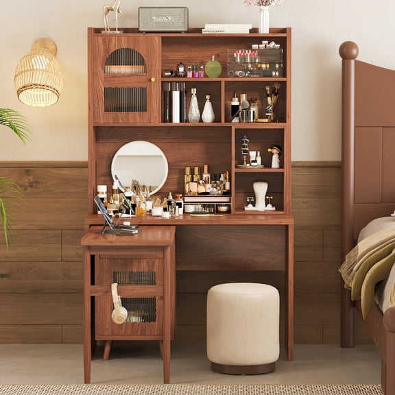 43x70 Inch Computer Desk with 90 Degree Rotating Desktop, Writing Work Desk with Storage Drawer, Shelves and Cabinets for Home, Office, Bedroom, Living Room, Walnut