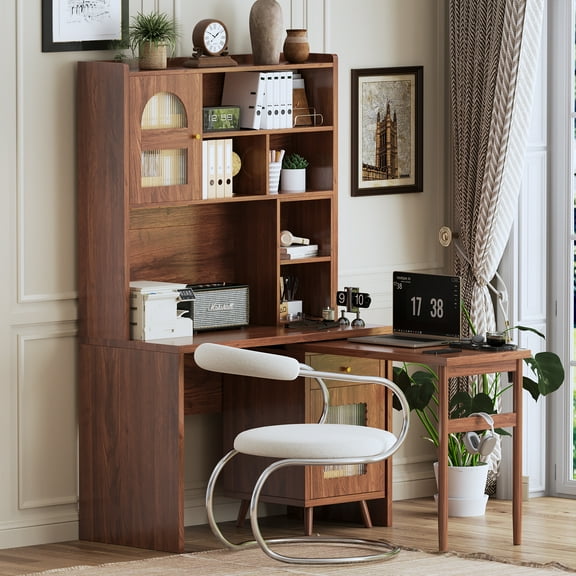 43x70 Inch Office Desk, Computer Desk with 90 Degree Rotating, Gaming Desk with Shelves, Writing Desk for Study, Work Desk for Home Office Bedroom Living Room