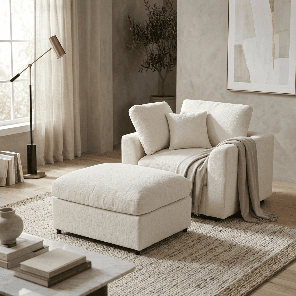44.1" Accent Chair with Ottoman, Modern Lounge Chair Comfy Armchair with Throw Pillow