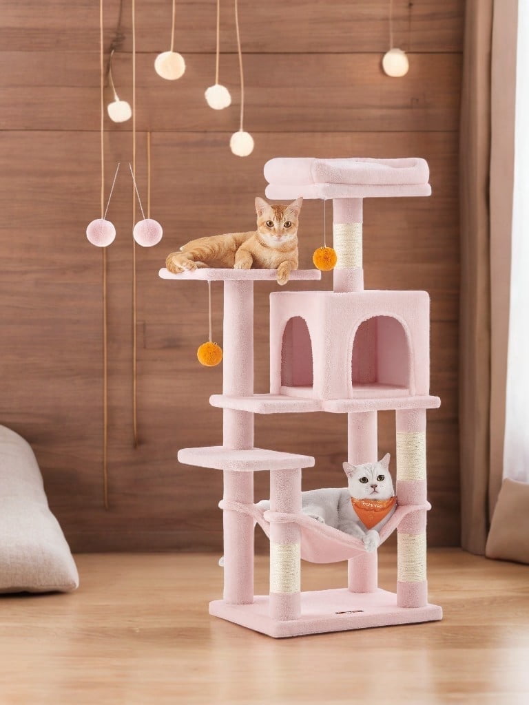 Feandrea 44.1' Cat Tree Tower for Indoor Cats ,Multi-Level Cat Condo Cat Furniture with Scratching Posts, Perches, Hammock, Cave ,Jelly Pink
