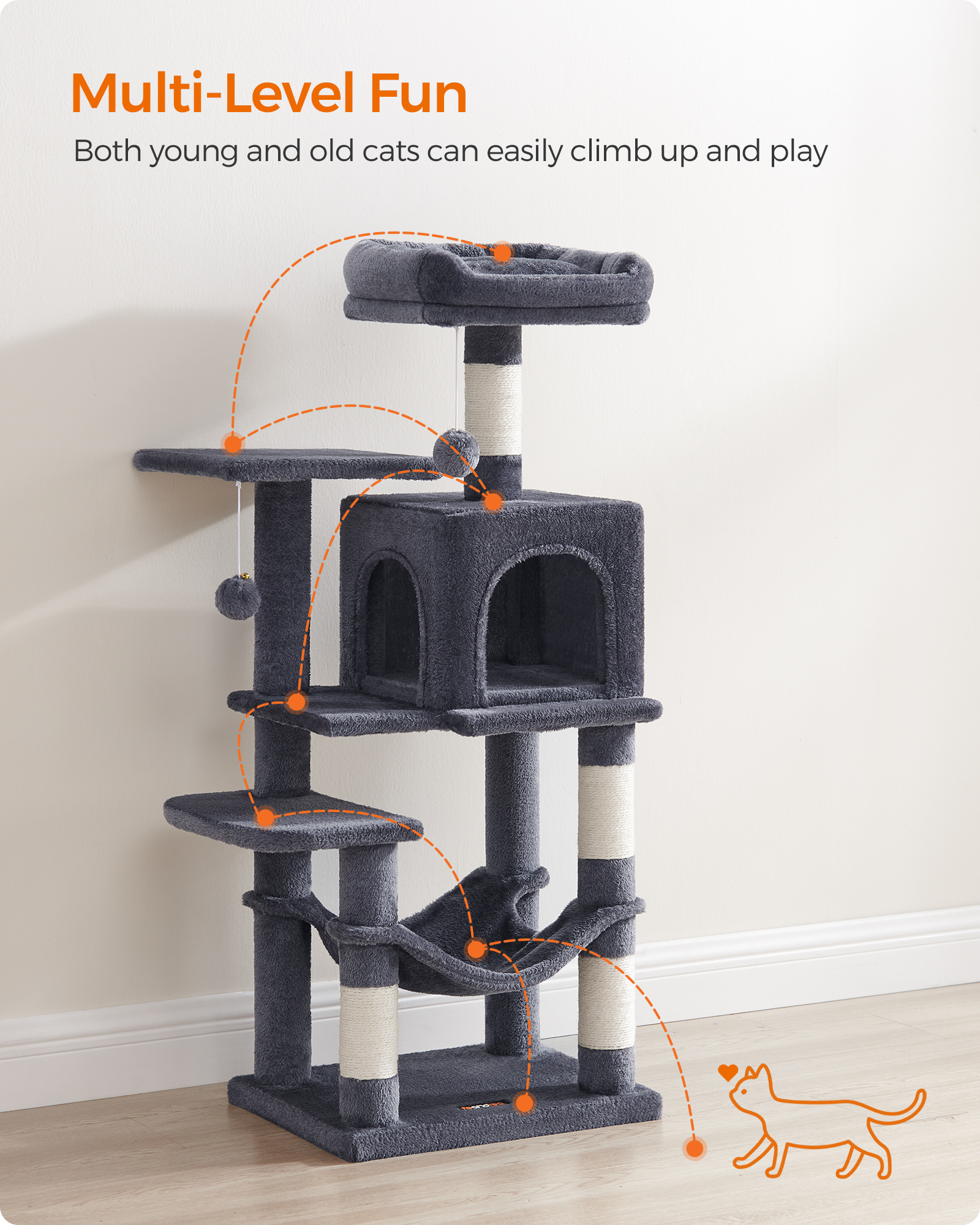 44.1'' Cat Tree Tower for Indoor Cats ,Multi-Level Cat Condo Cat Furniture with Scratching Posts,Smoky Gray