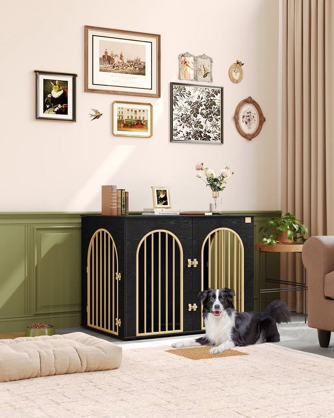 44.1" Dog Crate Furniture, 3 Door Wooden Dog Crate Furniture for Small/Medium/Large Dog,Black Gold