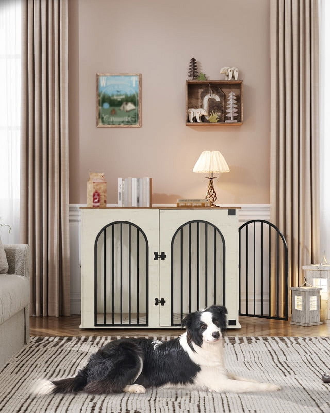 44.1" Dog Crate Furniture, 3 Door Wooden Dog Crate Furniture for Small/Medium/Large Dog,White Brown
