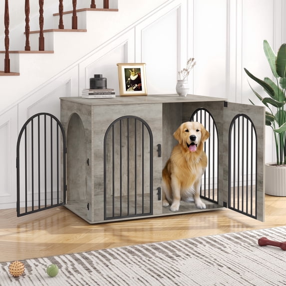 Hzuaneri 44.1" Wooden Dog Crate Furniture, Indoor Dog Cage for Medium to Large Dog, Decorative Pet House Side End Table TV Stand, Chew-Resistant, Greige Black