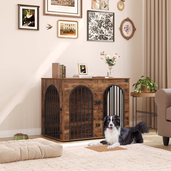 Hzuaneri 44.1" Wooden Dog Crate Furniture, Indoor Dog Cage for Medium to Large Dog, Decorative Pet House Side End Table TV Stand, Chew-Resistant, Rustic Brown