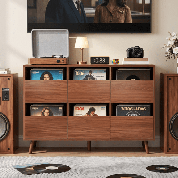 44.1" Record Player Stand, Walnut Mid Century Turntable Table - Vinyl Storage