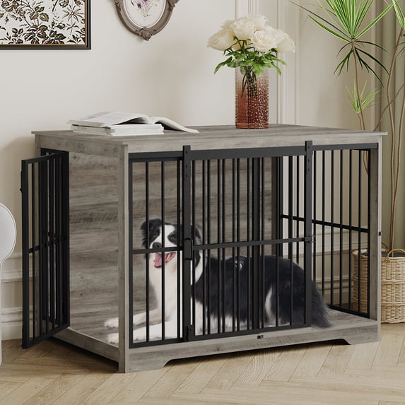 Hzuaneri 44 Inch Dog Crate Furniture, XL Indoor Dog Kennel for Large Dog with Barn Door, Heavy Duty Wooden Dog Cage as TV Stand & End Table, Greige Black