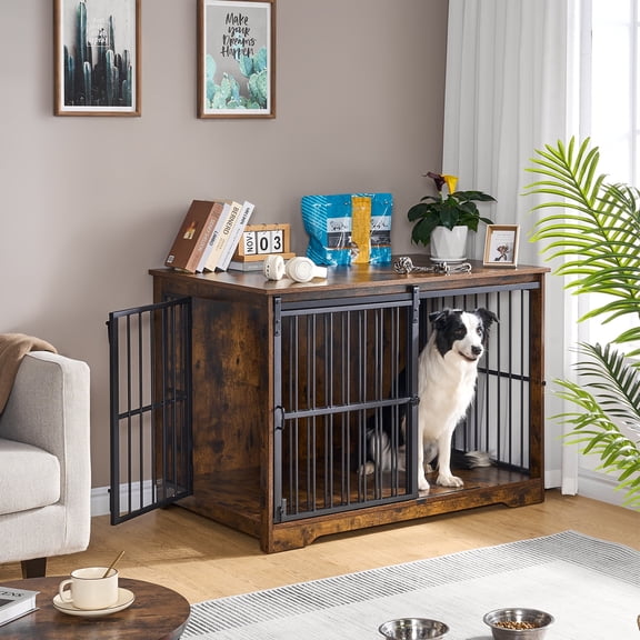 44.1" XL Wooden Dog Crate Furniture, Tall Kennel with Barn Door,Rustic Brown