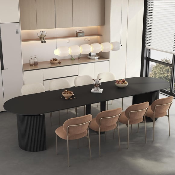 44"-132" Long Round Extendable Dining Table for 4-12, Farmhouse Oval Expandable Dinner Kitchen Table with Fluted Base, Space Saving Mid Century Modern Dining Room Tables for Dining Living Room,Black