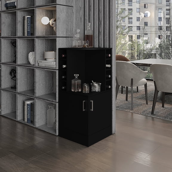 44.14 In. Tall Black Corner Bar Cabinet With 8 Liquor Bottles & Double Door Modern 42" -