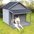 thumbnail image 1 of 44.2"L x 44.6"W Large Wooden Dog House, Weatherproof Balcony Doghouse with Asphalt Roof and Large Terrace, Cabin House Style Pet Houses with Curtain Door for Indoor, Outdoor, Grey, 1 of 9