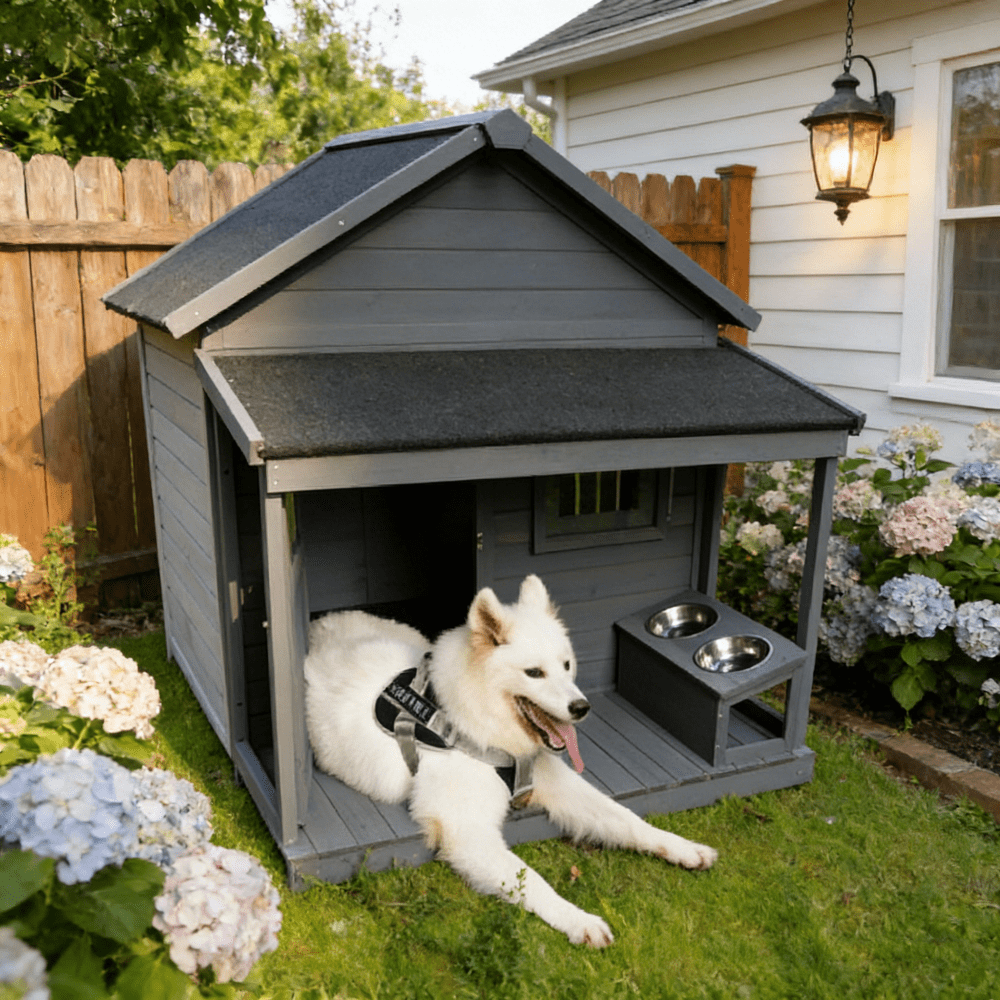 44.2" Weatherproof Solid Wood Dog House with Terrace & Lockable Door