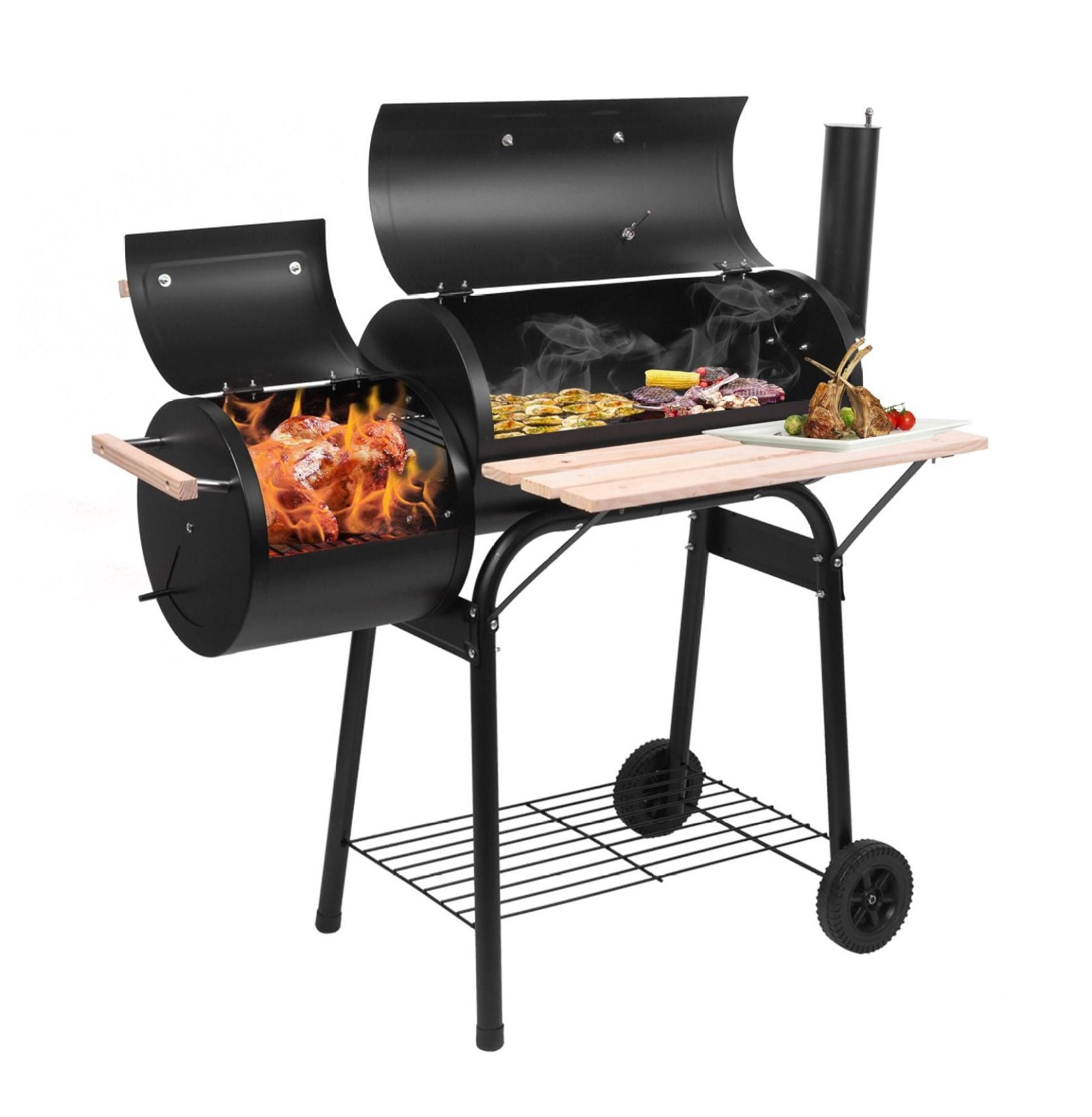 44*25*44 inches large capacity oil drum shaped double oven outdoor charcoal grill painted stainless steel with chimney portable windproof camping picnic black double oven charcoal barbecue grill