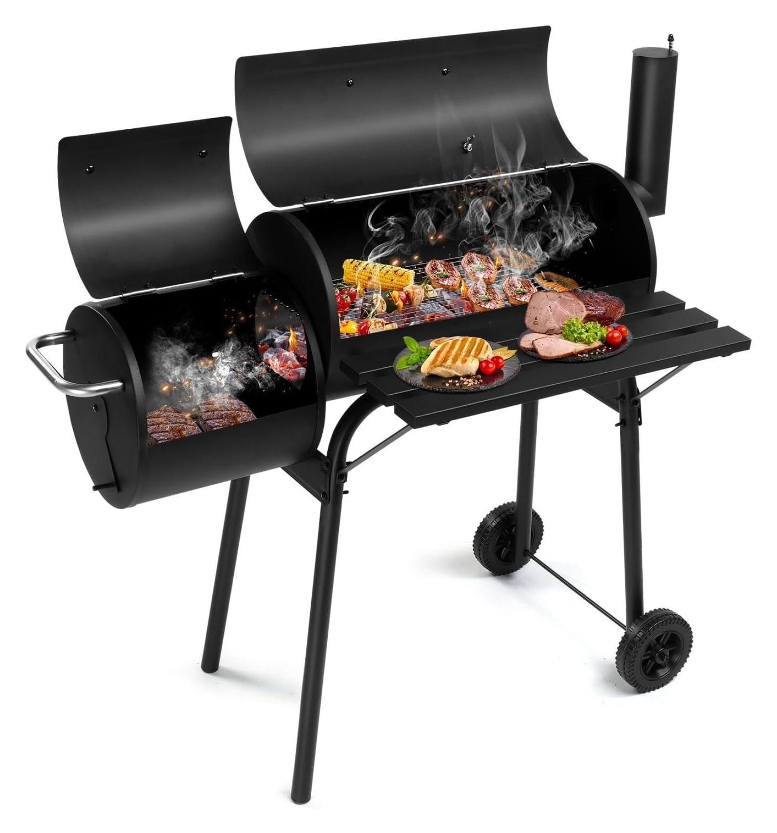 44*25*44 inches large capacity oil drum shaped double oven outdoor charcoal grill painted stainless steel with chimney portable windproof camping picnic black double oven charcoal barbecue grill