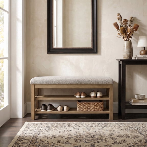 VKNOW 44.3" Entryway Shoe Storage Bench with Cushion, Hidden Storage and 2-Tier Shelf, Solid Wood Bedroom Bench for Entryway or Foot of Bed, Brown