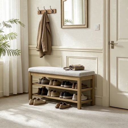 VKNOW Shoe Storage Bench with Cushion, Upholstered Entryway Bench with Hidden Storage & 2-Tier Shelf, Solid Wood Frame, Beige, 44.3"