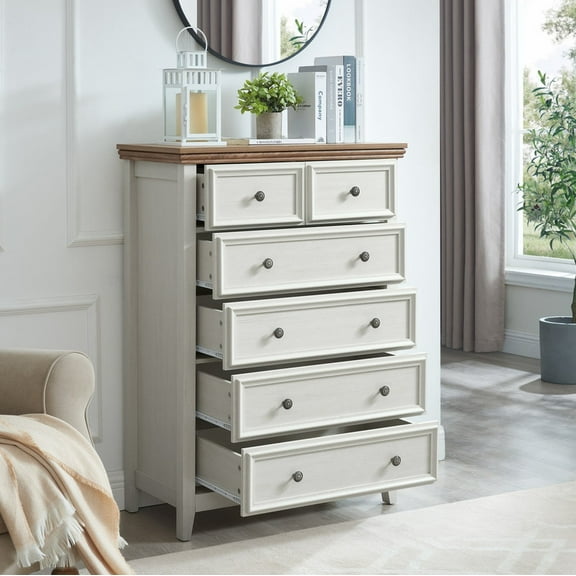 44.3" Tall 6-Drawer Dresser - Modern Farmhouse Storage Cabinet with Carved Flower Handles, Beige MDF Chest for Bedroom & Living Room