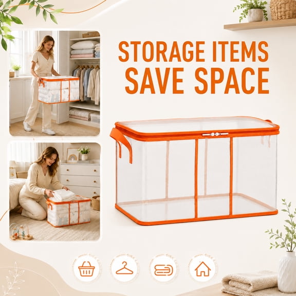 44×34×25cm Large Nylon Mesh Storage Bag, Clear Zipper Organizer Bin with Reinforced Handles, Foldable Breathable Container for Bedding Clothes Quilt Moving Closet Storage,1PC