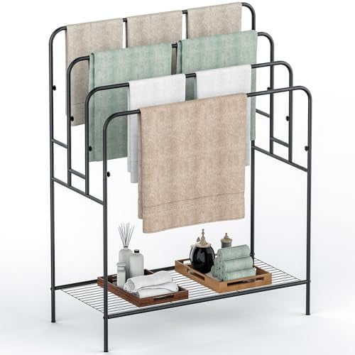 44" Extra Large Free Standing Towel Rack - 4 Tier Outdoor Pool Towel Holder, Versatile Blanket and Quilt Rack Stand for Living Room, Bathroom, Bedroom, Beach, Hot Tub, Gym and Pool Area Outside