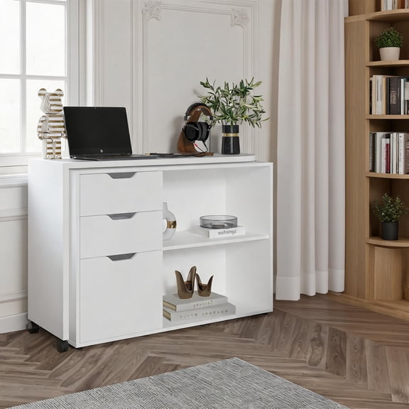 44.4 Inch Wide Rotating Computer Desk, Clean White Engineered Wood Workstation with Storage