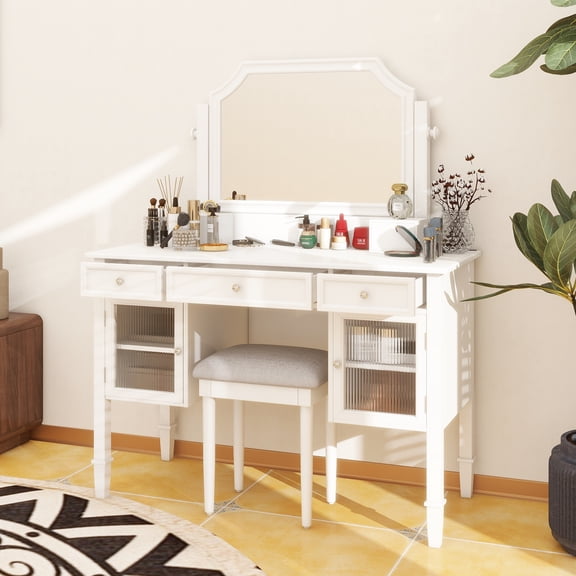44.4" Makeup Vanity Desk with Large Adjustable Mirror, Dressing Table Set with Drawer & Cabinet, Space-Saving Beauty Station for Bedroom, White
