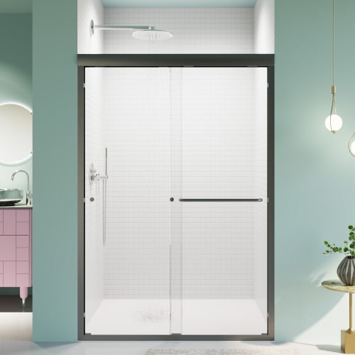 44-48"W Frameless Corner Shower Enclosure - Sliding Door With 10mm Tempered Glass, Brushed Nickel Handle, Adjustable Width