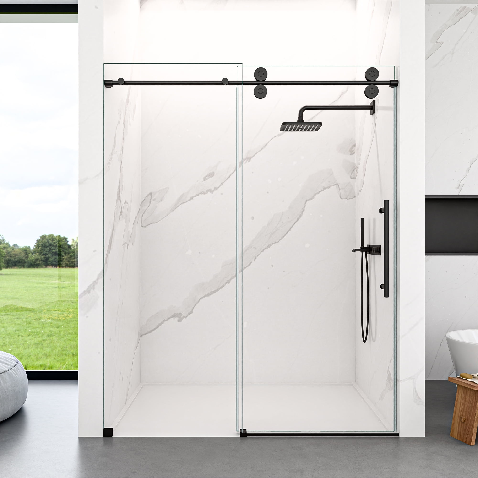 44-48"x 76"H Frameless Sliding Bathtub Door,Tub Shower Door,5/16" 8mm Clear Tempered Glass Stainless Steel Frame Matte Black