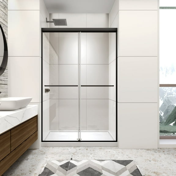 44-48" W x 70" H Double Sliding Framed Shower Door, with Clear Tempered Glass, Matte Black Finish