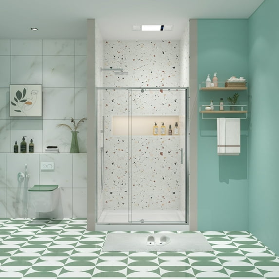 44-48"W x 71"H Sliding Shower Door, Piovt Swing Glass Shower Door with 1/4"(6mm) Clear SGCC Tempered Glass, Pivot Frame Sliding Shower Door for Bathroom, Chrome, Reversible Installation