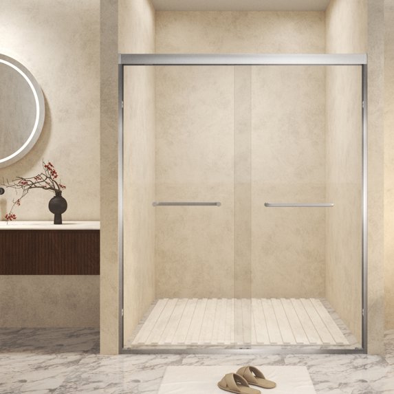 44-48" W x 72" H Aluminum Frame Double Sliding Shower Door, 1/4" Tempered Glass, Brushed Nickel