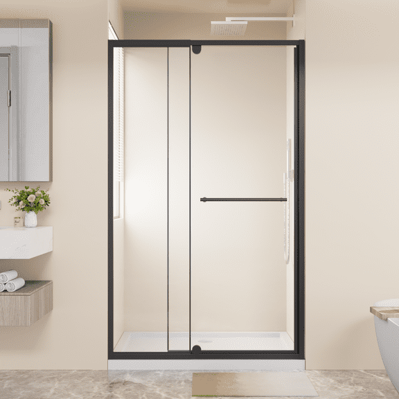 44-48"W x 72"H Pivot Shower Door, 1/4"(6mm) Glass, Black, Reversible, Leak-Proof