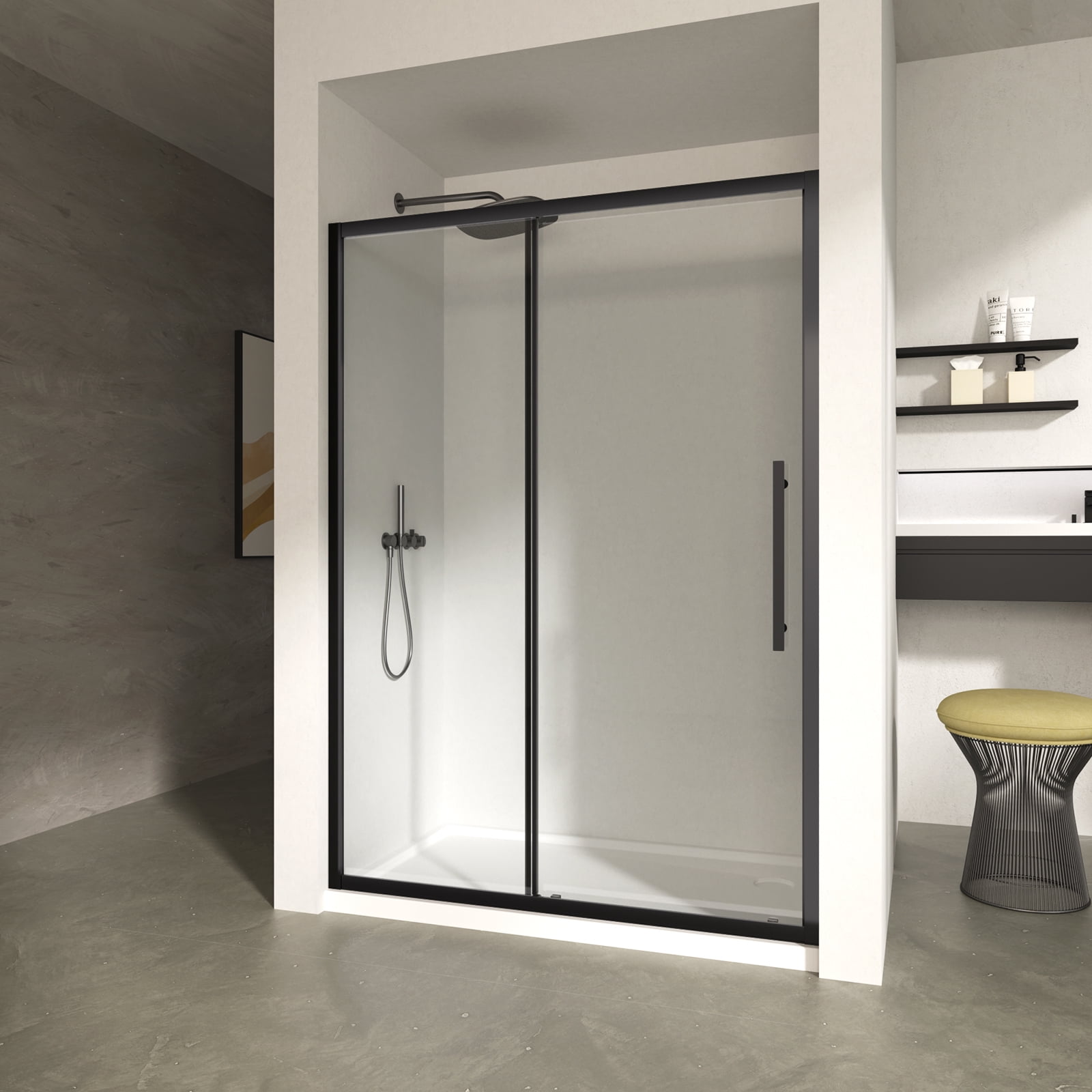 44"-48" W x 72" H Semi-Frameless Shower Door,  Single Sliding Door with Magnetic Closing,1/4" Tempered Glass With easy-clean coating, Matte Black