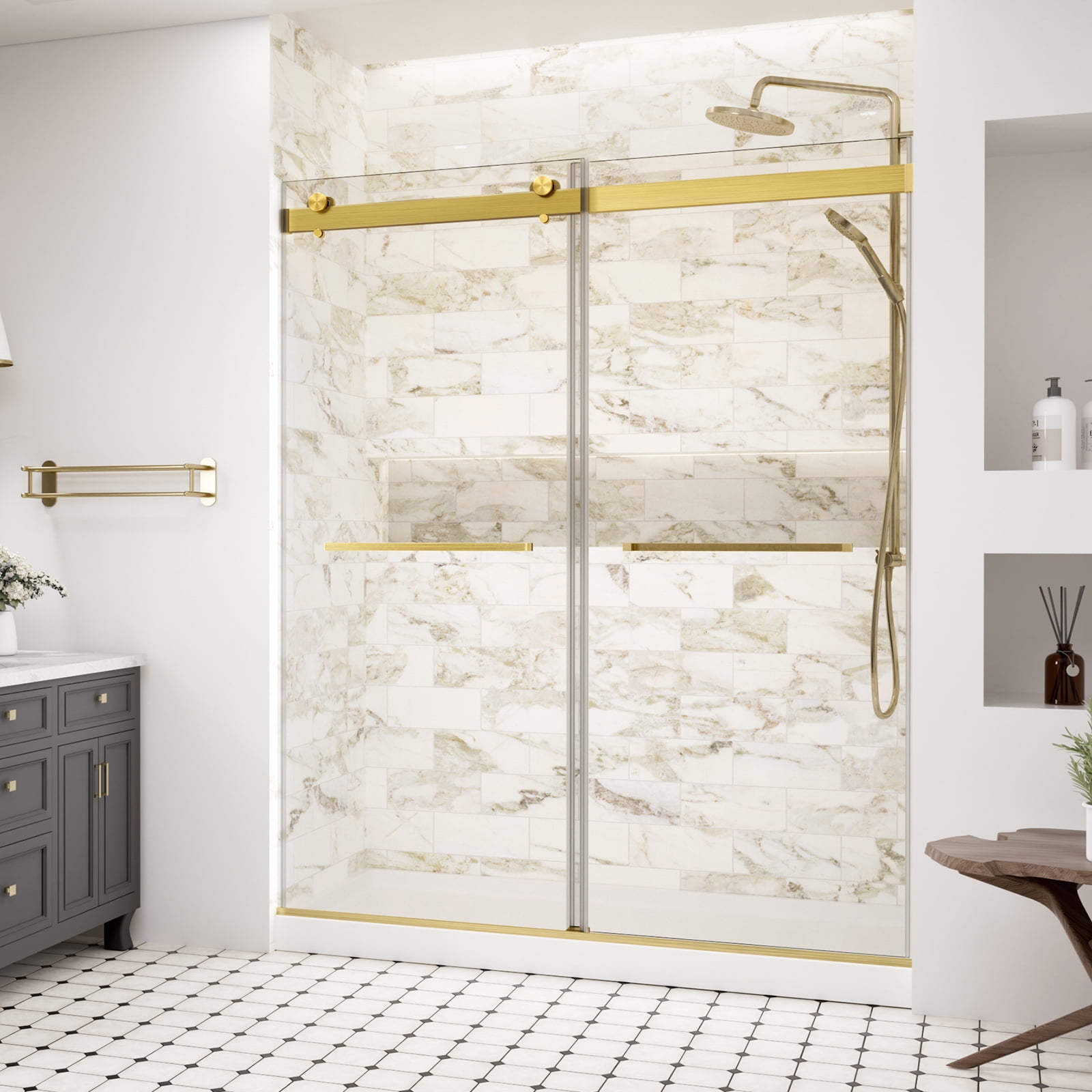 44-48" W x 74" H Frameless Shower Door, Double Sliding Door with 5/16" SGCC Tempered Clear Glass, Soft-Closing, Brushed Gold