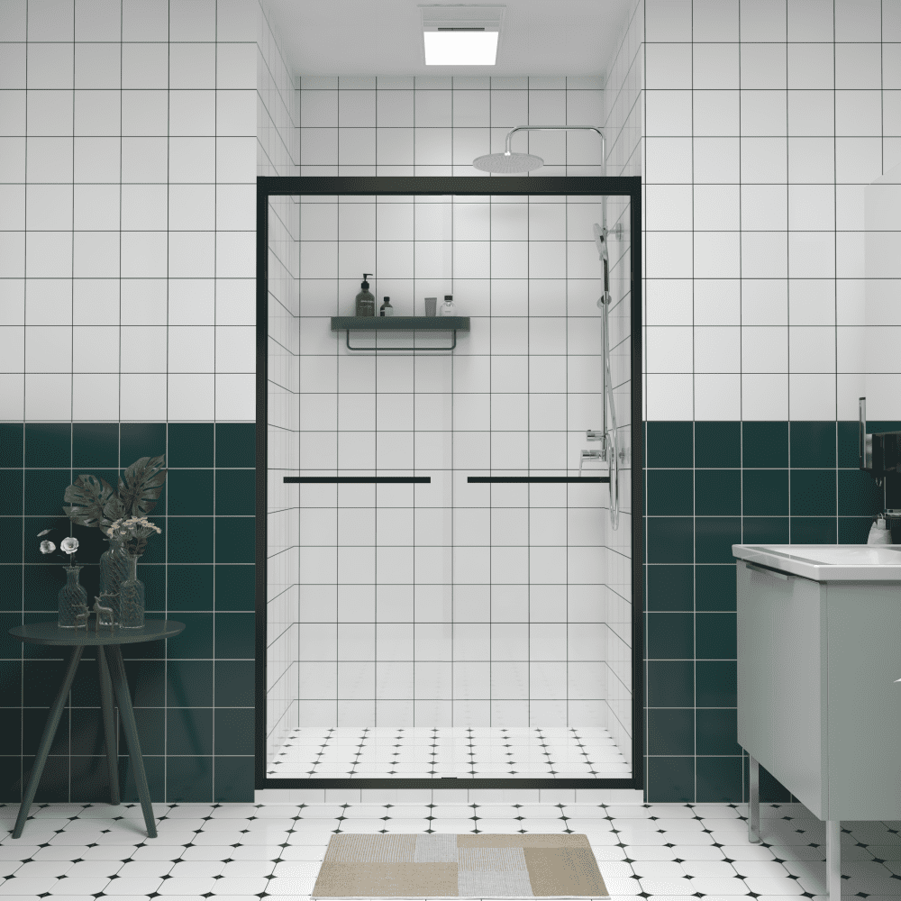 44-48" W x 76" H Aluminum Frame Double Sliding Shower Door, 1/4" Tempered Glass, Matte Black