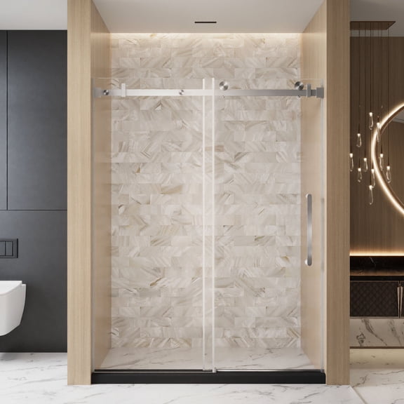 44"-48"W x 76"H Frameless Single Sliding Door, 1/4"(6mm) Glass, Brushed Nickel, Anti-Explosion Film
