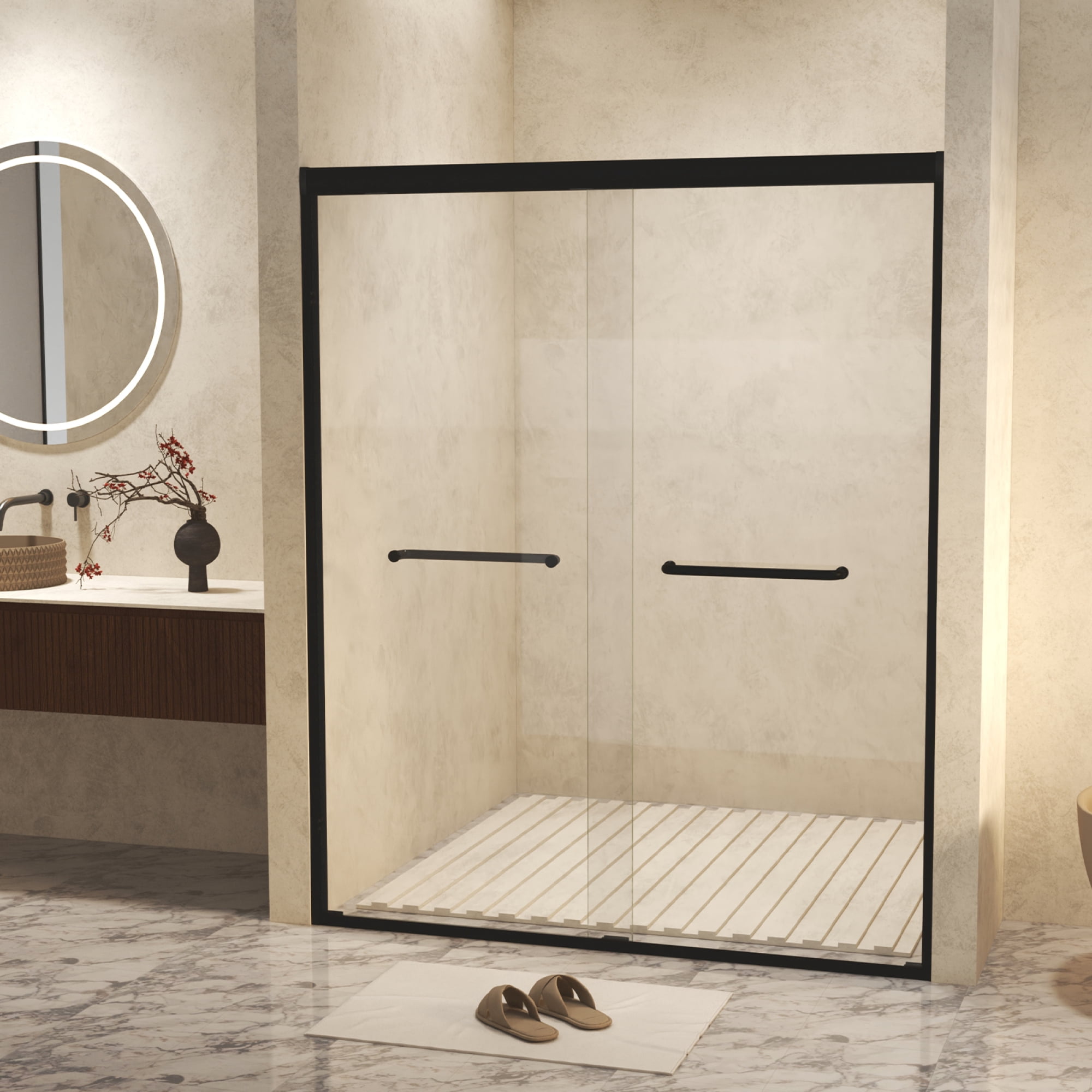 44-48 in.W x 72 in.H Double Sliding Framed Shower Door,Clear Tempered Glass,Stainless Steel Frame,Matte Black 03