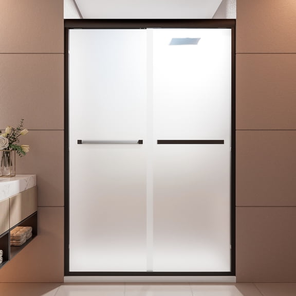 44–48 in W x 72 in H Semi-Frameless Double Sliding Shower Door, 1/4 in (6mm) Frosted Tempered Glass, Aluminum Frame, Matte Black