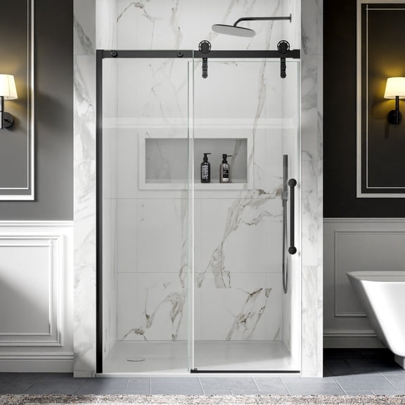 44-48" x 76" Frameless Sliding Shower door,Matte Black,Easy clean,Fixed Glass Left|ExBrite Elysian-F Series