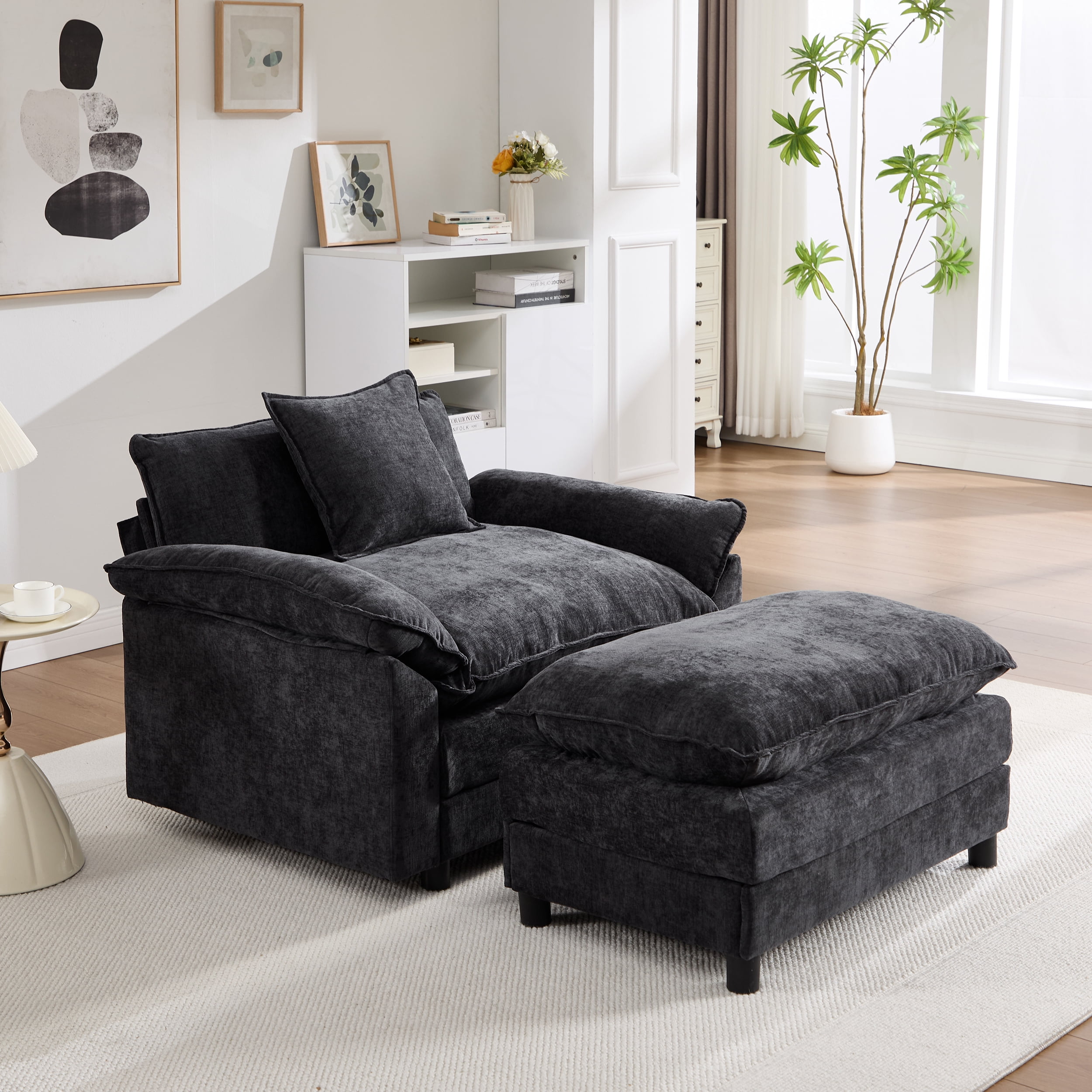 44.5" Accent Chair with Ottoman Club Chair Chenille Upholstered Armchair