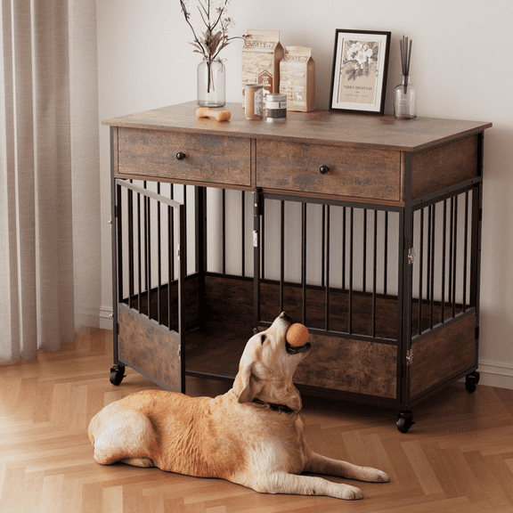 44.5" Dog Crate Furniture for Dogs with Storage Drawers, Indoor Dog Kennel with Wheels, Multi-Door Wooden Crates for Dogs Indoor as End Table with Lockable Casters, Pet Crate with Top Shelf