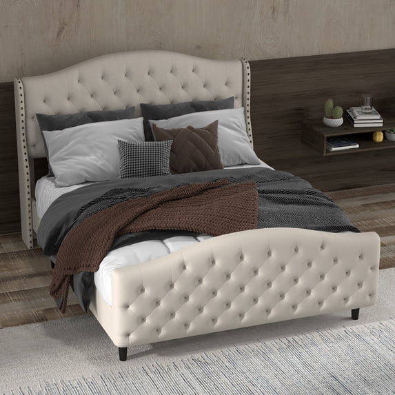 44.5" Elegant Velvet Queen Platform Bed with Tufted Upholstered Headboard and Raised Wing Back Design, Stylish Mattress Foundation with Wood Slat Support, No Box Spring Required, White